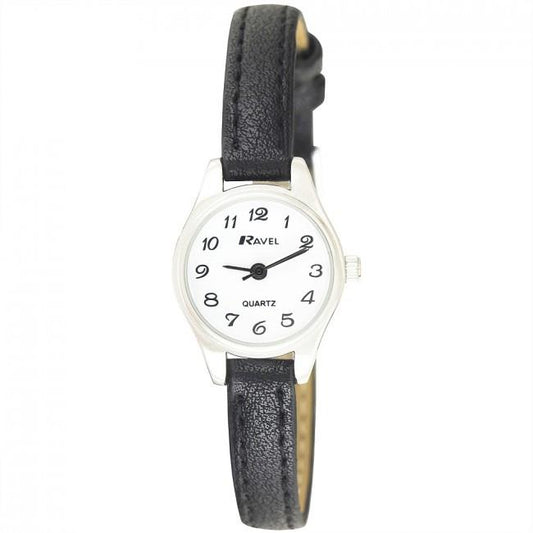 Ravel Ravel Ladies Polished Round Petite Sillver Case Black Strap Watch R0124.13.2