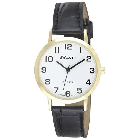 Ravel Ravel Mens Leather Strap Quartz Watch Black/Gold Watch R0102.01.1A