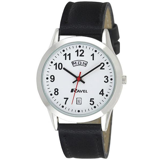 Ravel Ravel Mens Stainless Steel Day/Date  Faux Leather Strap Watch R0706.20.1