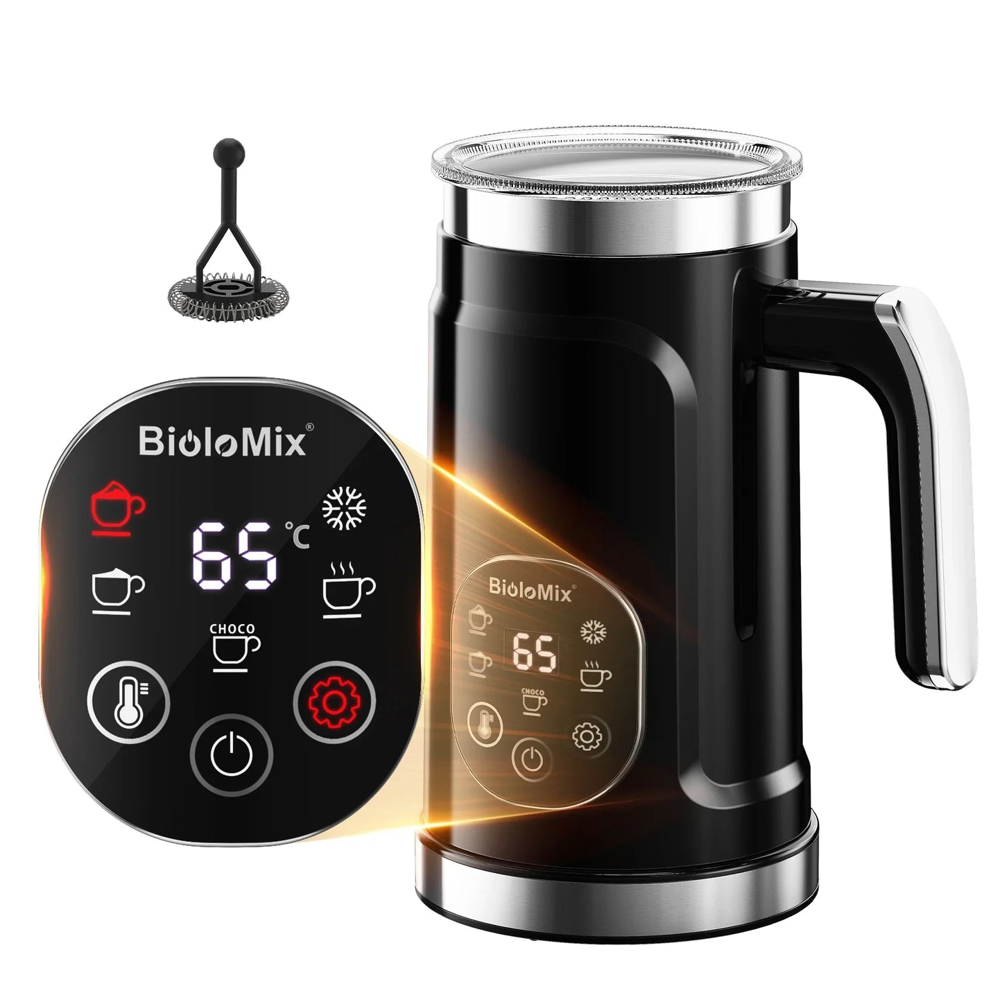 BioloMix Upgraded 5-in-1 LED Touch Screen Milk Frother for Lattes & Coffee, Hot And Cold Foam Maker