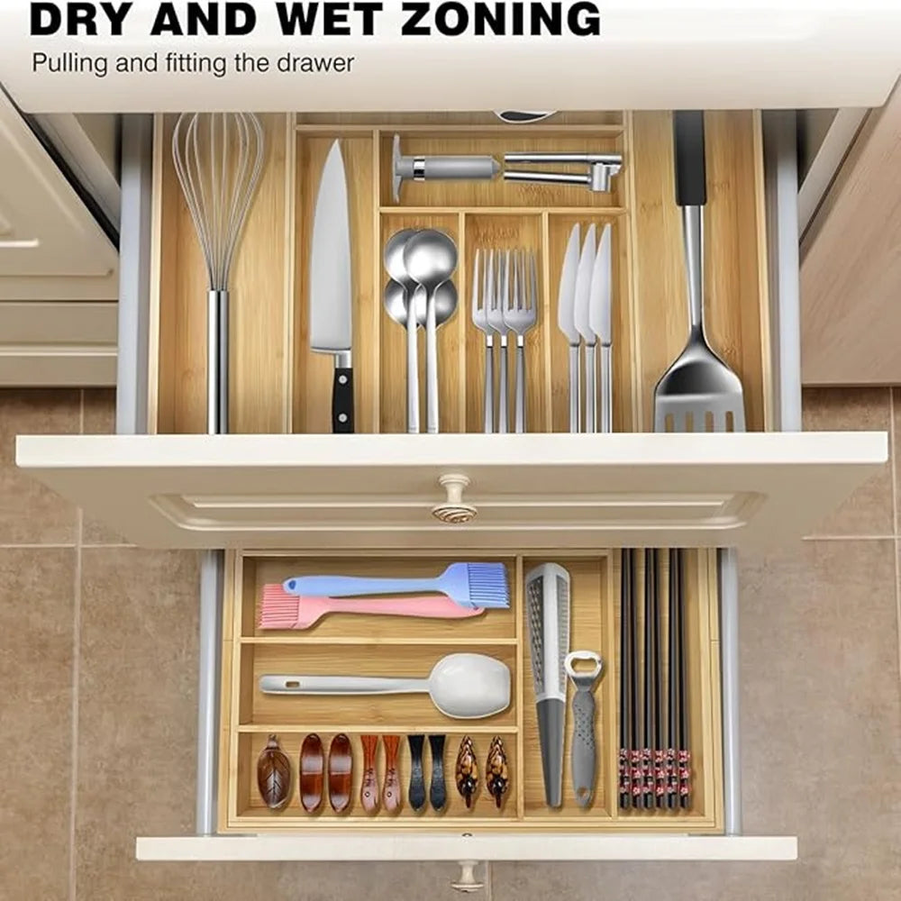 Bamboo Cutlery Expandable Divide Storage Trays Rack Neat Elegant Kitchen Drawer Organizer Furniture Accessories ，Picnicking out