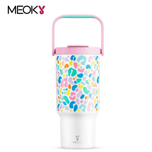 Meoky 32oz Cup Vacuum Tumbler With Lids Portable Stainless Steel Rainbow Leopard Coffee Cup Car Mugs Keeps Cold for 34 Hours