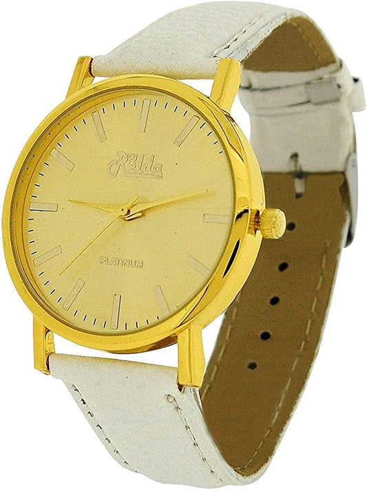 Relda Relda Women Analogue Jumbo Goldtone Dial & Leather White Strap Buckle REL63