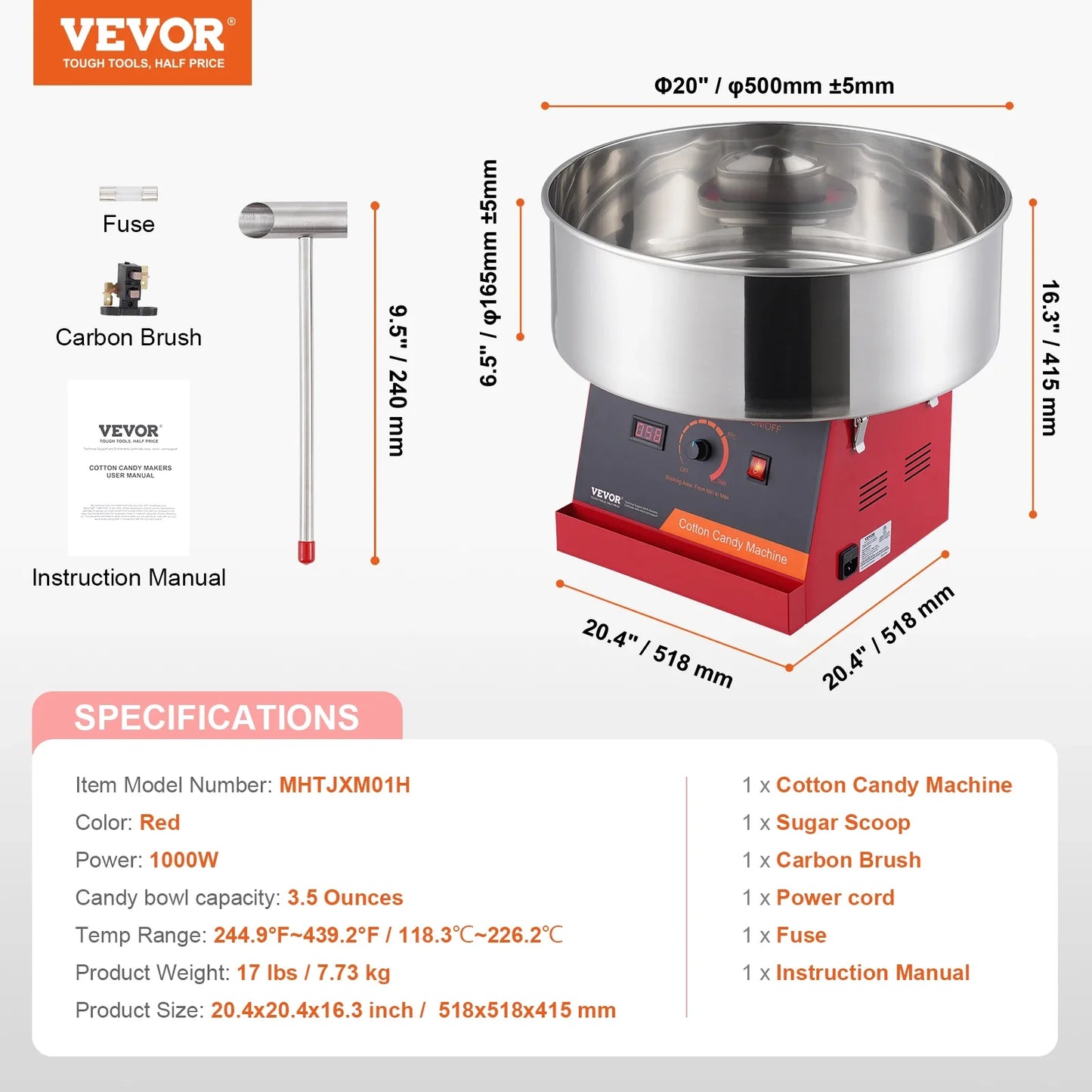 VEVOR Electric Cotton Candy Machine 1000W Candy Floss Maker Commercial Cotton Candy Machine Stainless Steel Bowl and Sugar Scoop