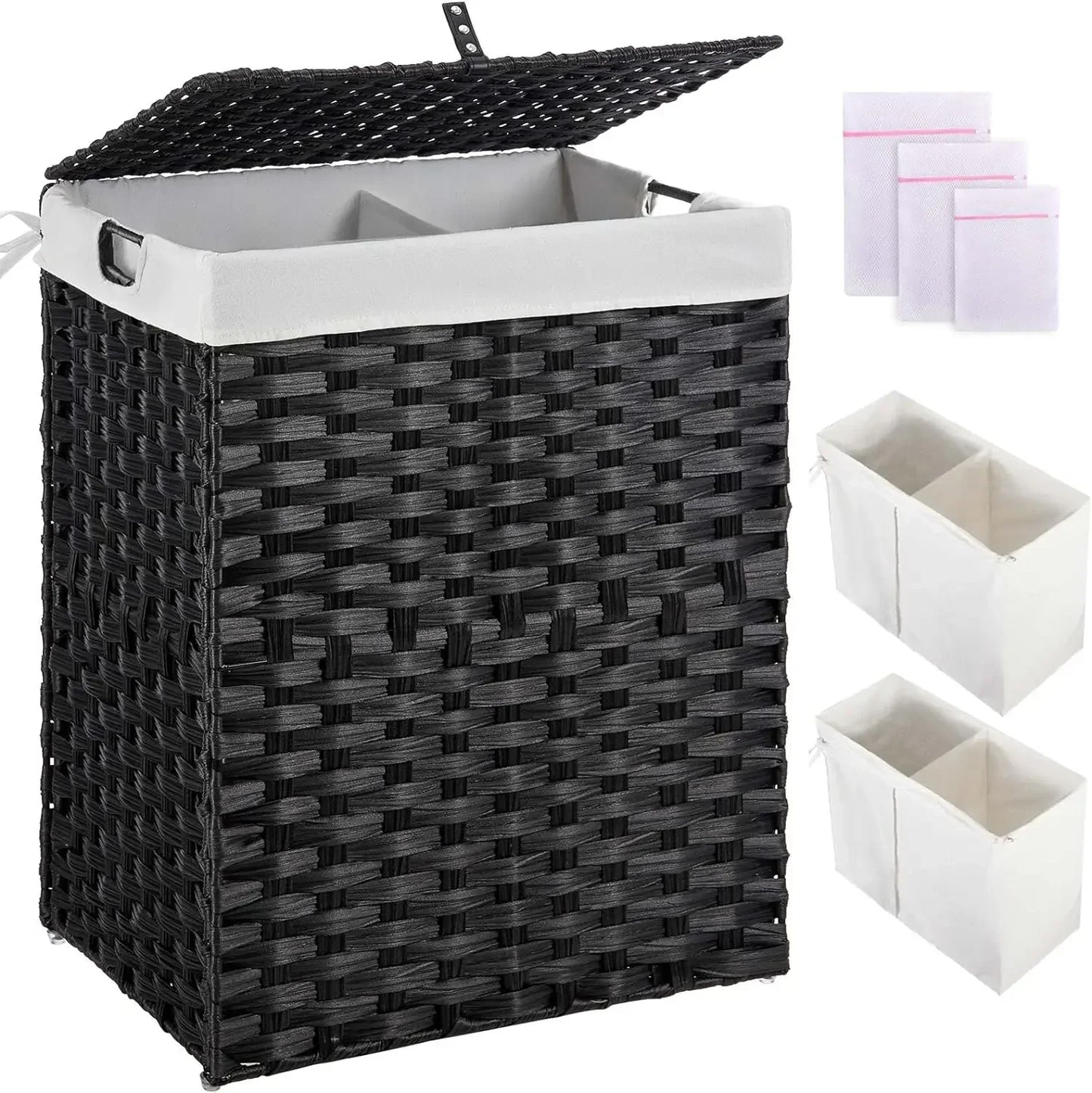 Greenstell Laundry Hamper with lid, No Install Needed, 110L Wicker Laundry Baskets Foldable 2 Removable Liner Bags, 2 Section