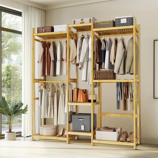 Extra Large Bamboo Clothes Stand Multytier Storage Shelves Clothes Hanging Rack with Hanging Rails for Cloakroom, Bedroom