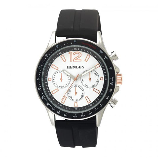 Henley Henley Mens White Dial Black/Silver Silicone Sports Rubber Strap Watch H02206.14 Black/Silver