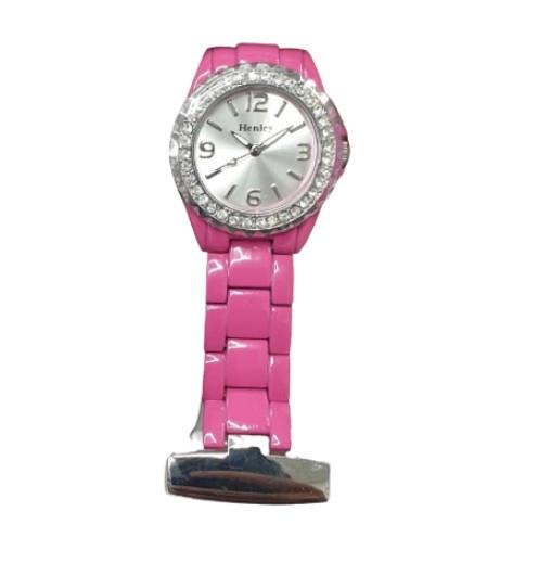 Henley Henley Womans Pink Enamel Link Beauticians Diamante Fob Watch HF01.5 - CLEARANCE NEEDS RE-BATTERY
