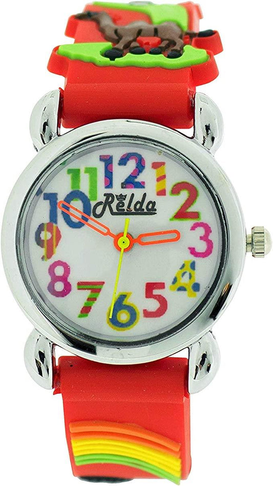 Relda Relda Children's Big Number Analog 3D Zoo Animals Red Silicone Strap Girl's Watch REL106
