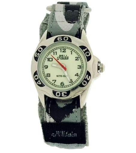 Relda Relda Kids Nite-Glo Luminous Dial Grey Camouflage Army Easy Fasten Watch REL65
