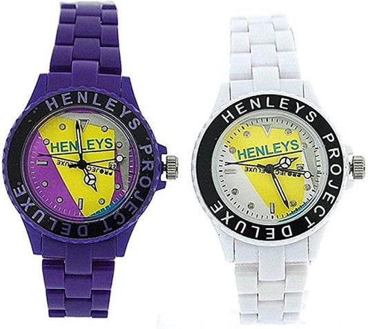 Henley Henleys Project Deluxe Women's Set of 2 Funky Plastic Watch Purple-White SUMMERTWIN CLEARANCE NEEDS RE-BATTERY
