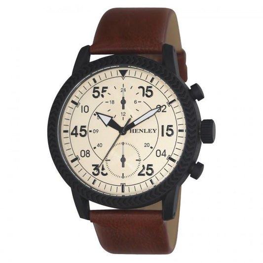 Henley Henley Men's Bold Textured sports Cream Dial With Brown Leather Strap Watch H02212.4