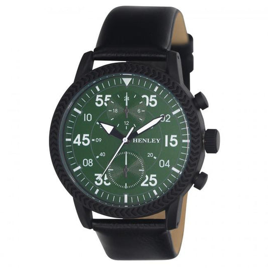 Henley Henley Men's Bold Textured sports Green Dial With Black Leather Strap Watch H02212.11