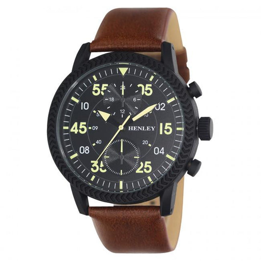 Henley Henley Men's Bold Textured sports Black Dial With Brown Leather Strap Watch H02212.3