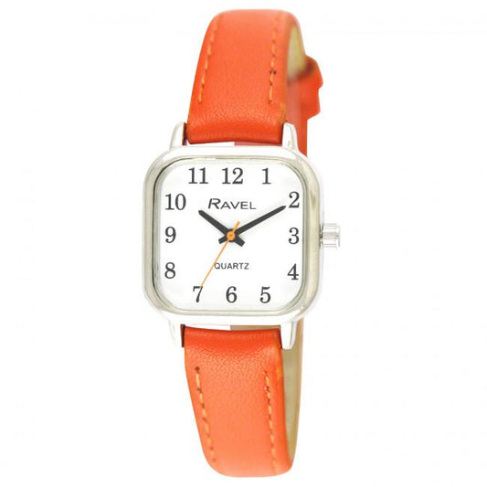 Ravel Ravel Ladies Cushion Shaped Brights Leather Strap Watch Bright Orange