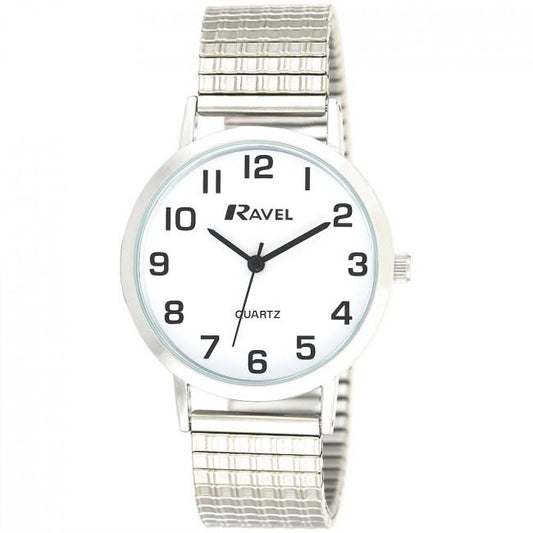 Ravel Ravel Mens Basic Classic Easy Read Silver / White Expander Bracelet Watch R0201.01.1