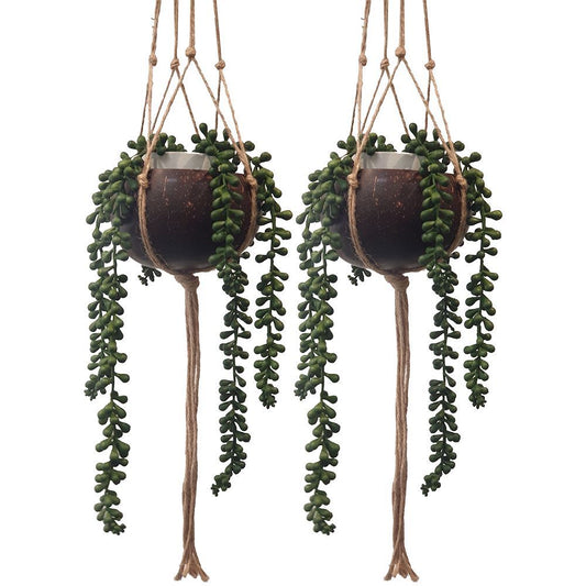 VIE Vie Naturals Pair of Coconut Shell Pot Holders with Sturdy Jute Macrame Style Hanging Rope