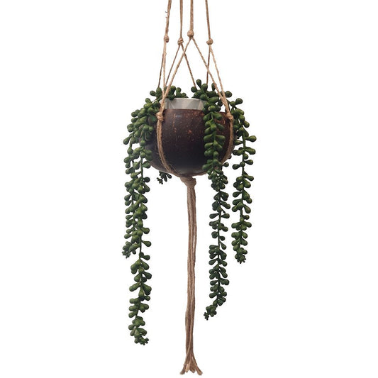VIE Vie Naturals Coconut Shell Pot Holder with a Sturdy Jute Macrame Style Hanging Rope, Brown
