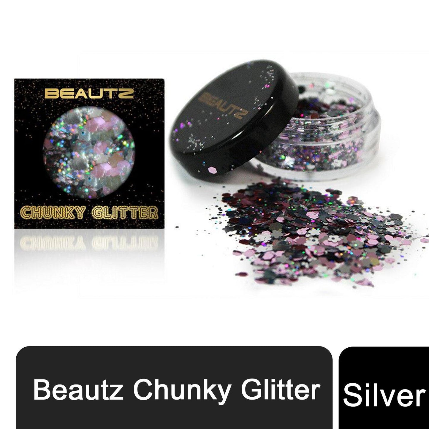 Beautz Beautz Chunky Glitter Available in 5 Varieties 10ml pot with 5g of Cosmetic Glit[Silver]  Travel