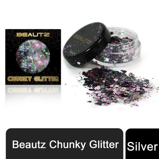 Beautz Beautz Chunky Glitter Available in 5 Varieties 10ml pot with 5g of Cosmetic Glit[Silver]  Travel