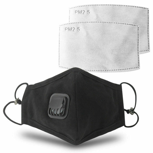 Aquarius Anti Pollution Washable Cotton Mouth Mask with Valve Replaceable Filter, Black[1x Mask with 2 Filters] Black Medium