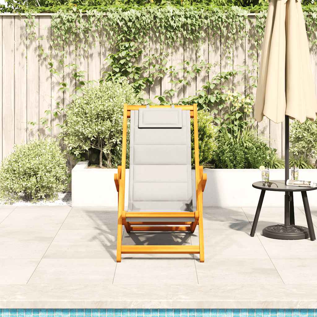 vidaXL Folding Beach Chair with Armrests Light Grey Acacia Wood & Textilene