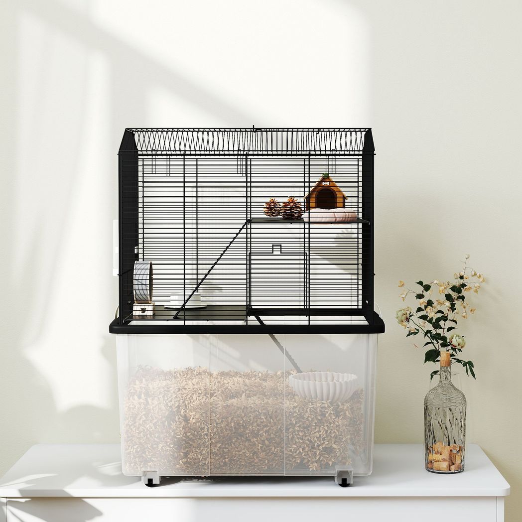 PawHut Hamster Cage, Three-Tier Gerbil Cage w/ Deep Bottom, Ramp, Food Dish