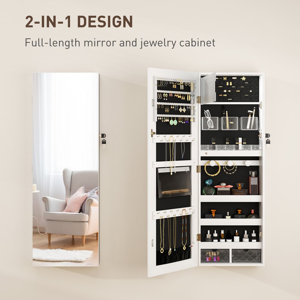 HOMCOM Door Hanging or Wall Mounted Jewellery Cabinet w/ Mirror Black Lining