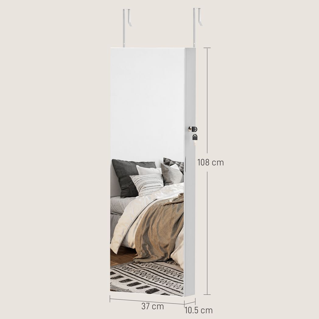 HOMCOM Door Hanging or Wall Mounted Jewellery Cabinet w/ Mirror Black Lining
