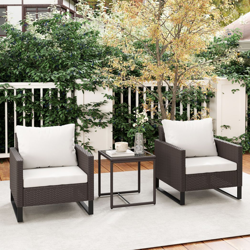 Outsunny 3PCS Rattan Bistro Set Glass Top Table and Chairs with 4 Cushions