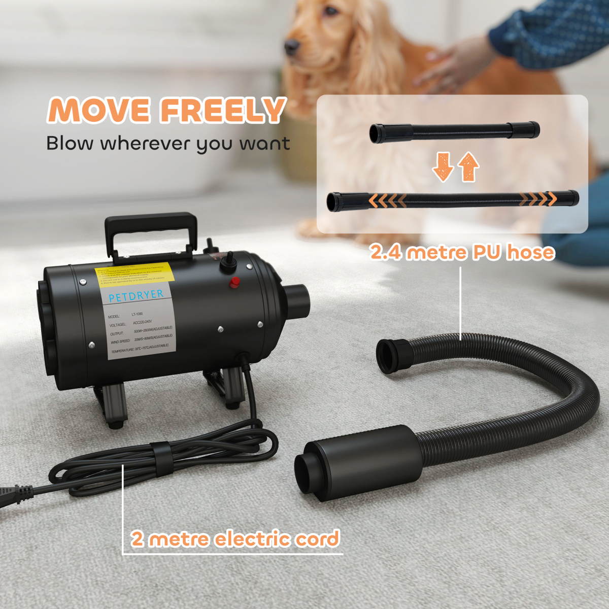 PawHut 2200W Dog Hair Dryer with Adjustable Temperature & Velocity