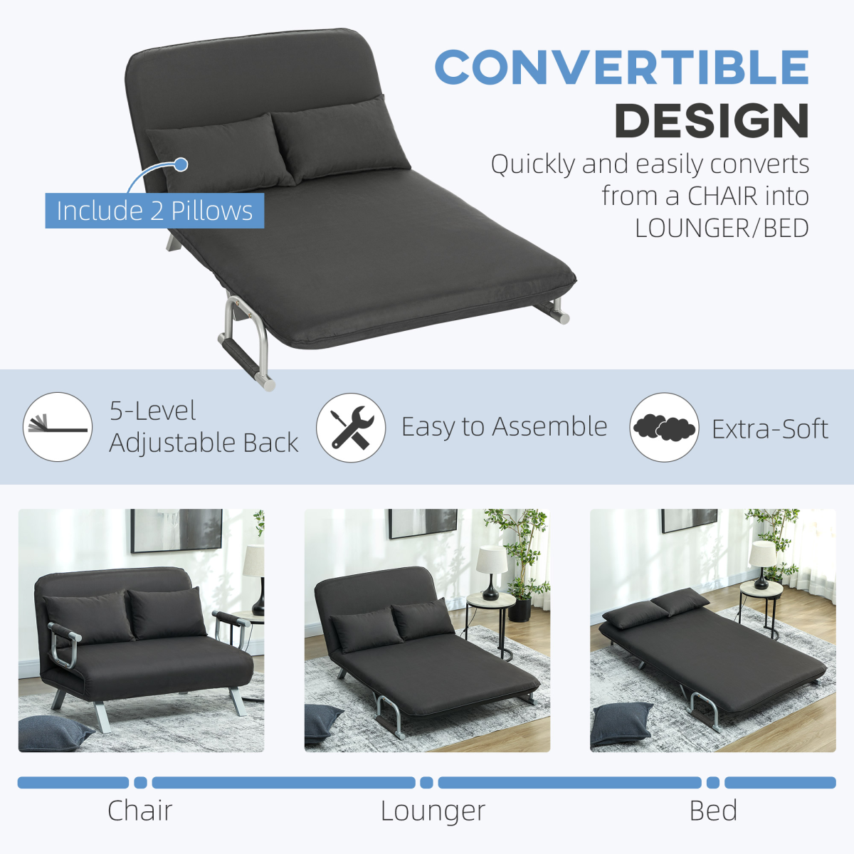 HOMCOM Fabric Convertible 2 Seater Sofa Bed w/ 2 Pillows