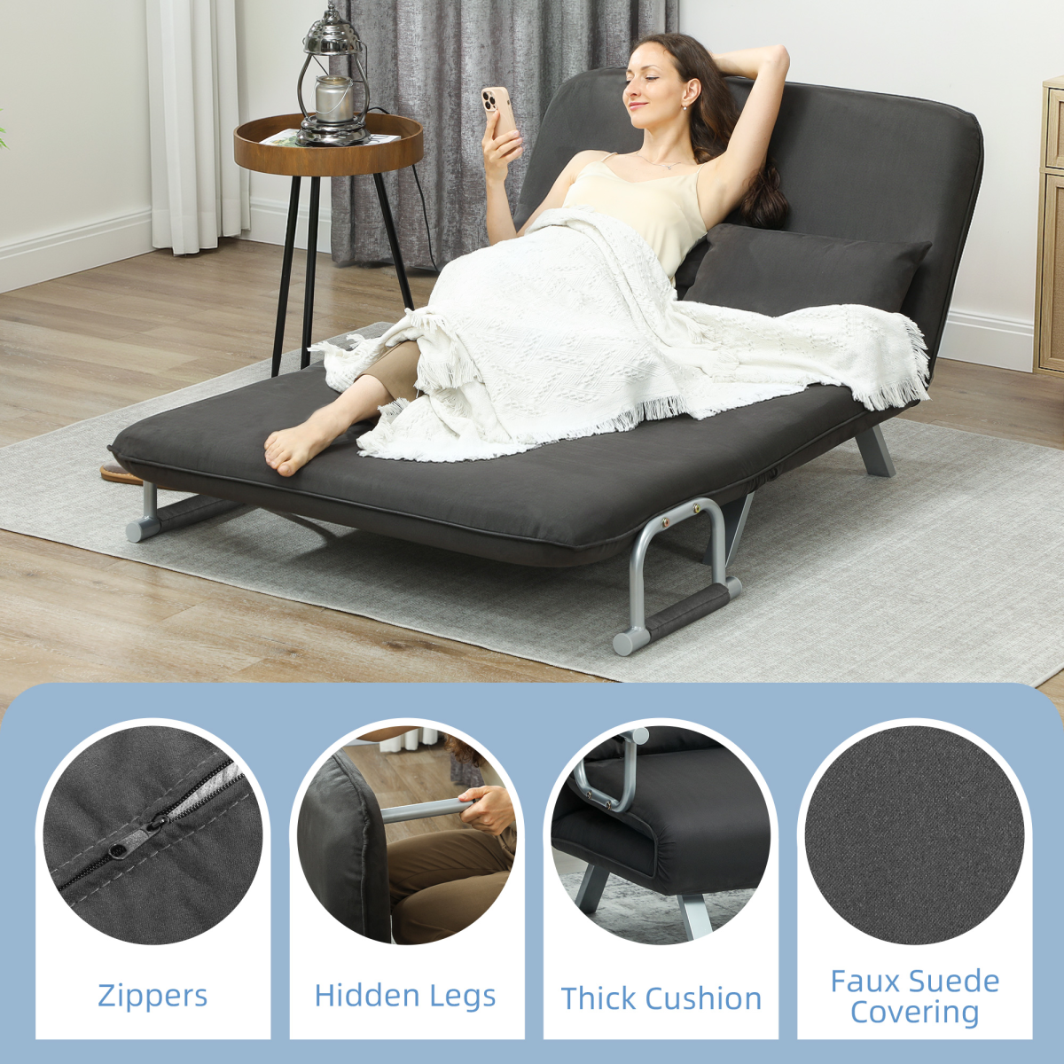HOMCOM Fabric Convertible 2 Seater Sofa Bed w/ 2 Pillows