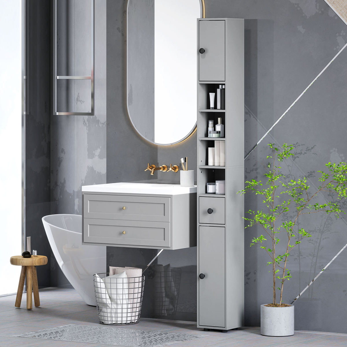 kleankin Slim Bathroom Cabinet, Toilet Roll Storage w/ Open Shelves