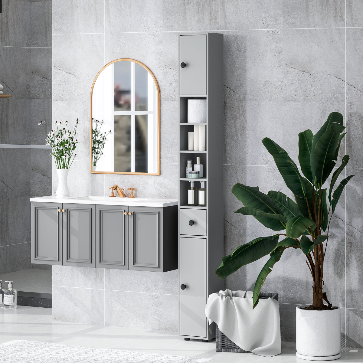 kleankin Slim Bathroom Cabinet, Toilet Roll Storage w/ Open Shelves
