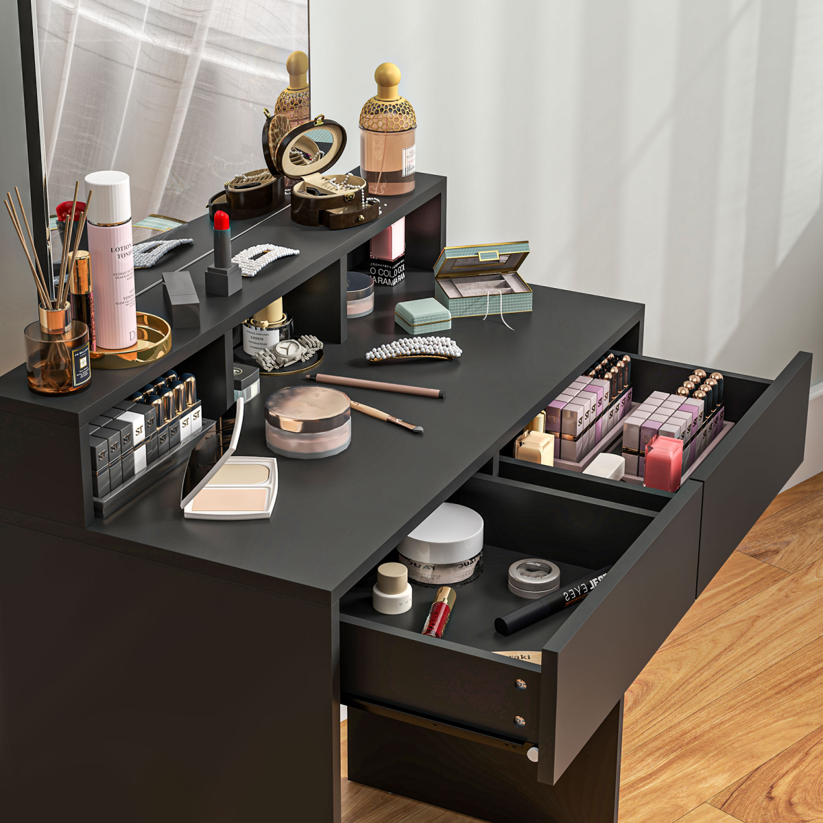 HOMCOM Dressing Table with Mirror, Drawers, for Bedroom, Black