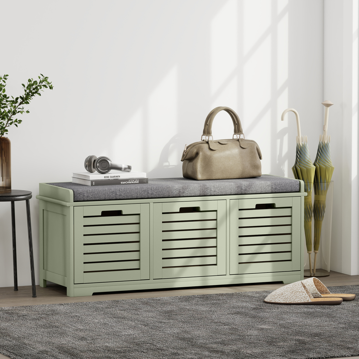 HOMCOM Shoe Storage Bench Cushion Seat Slatted Doors