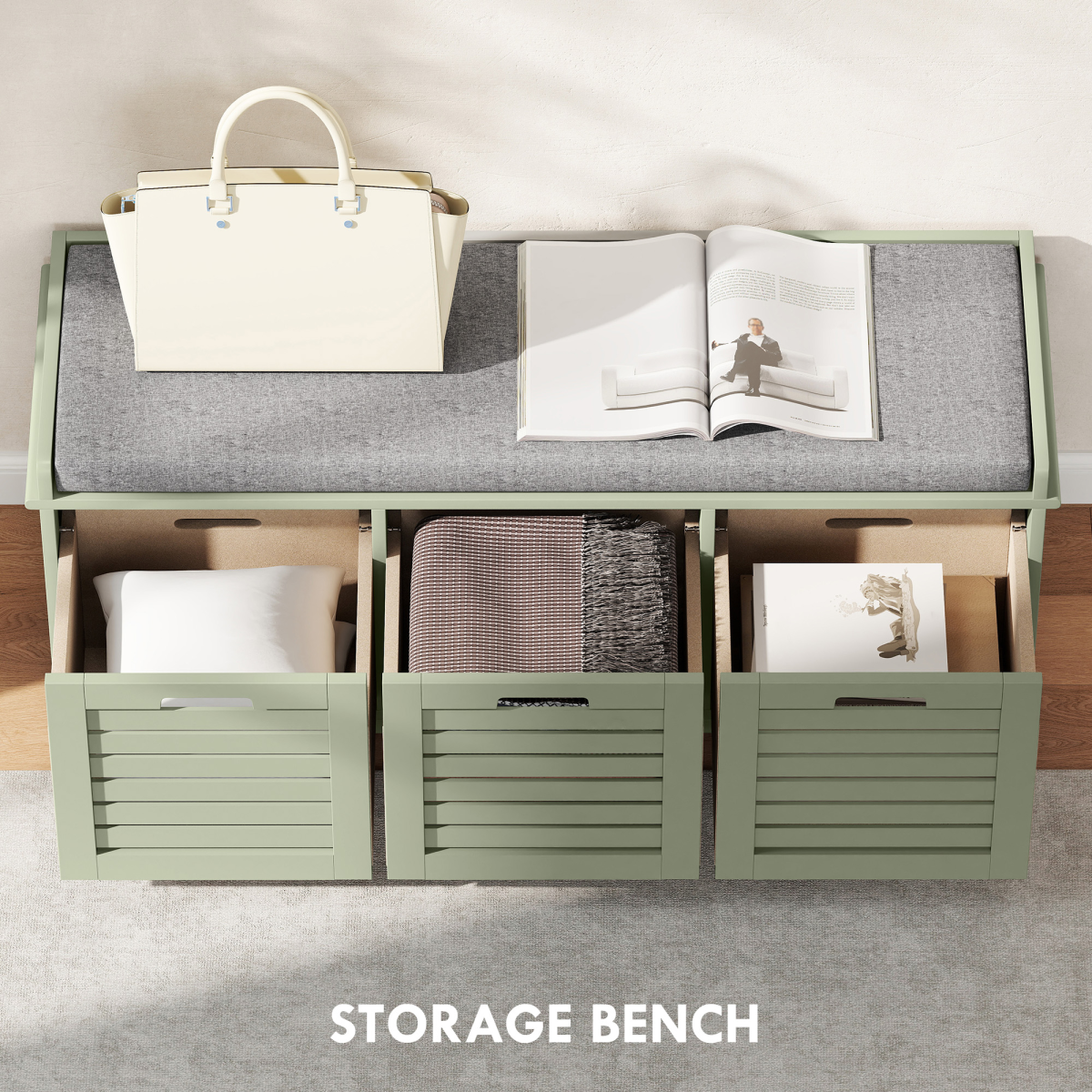 HOMCOM Shoe Storage Bench Cushion Seat Slatted Doors