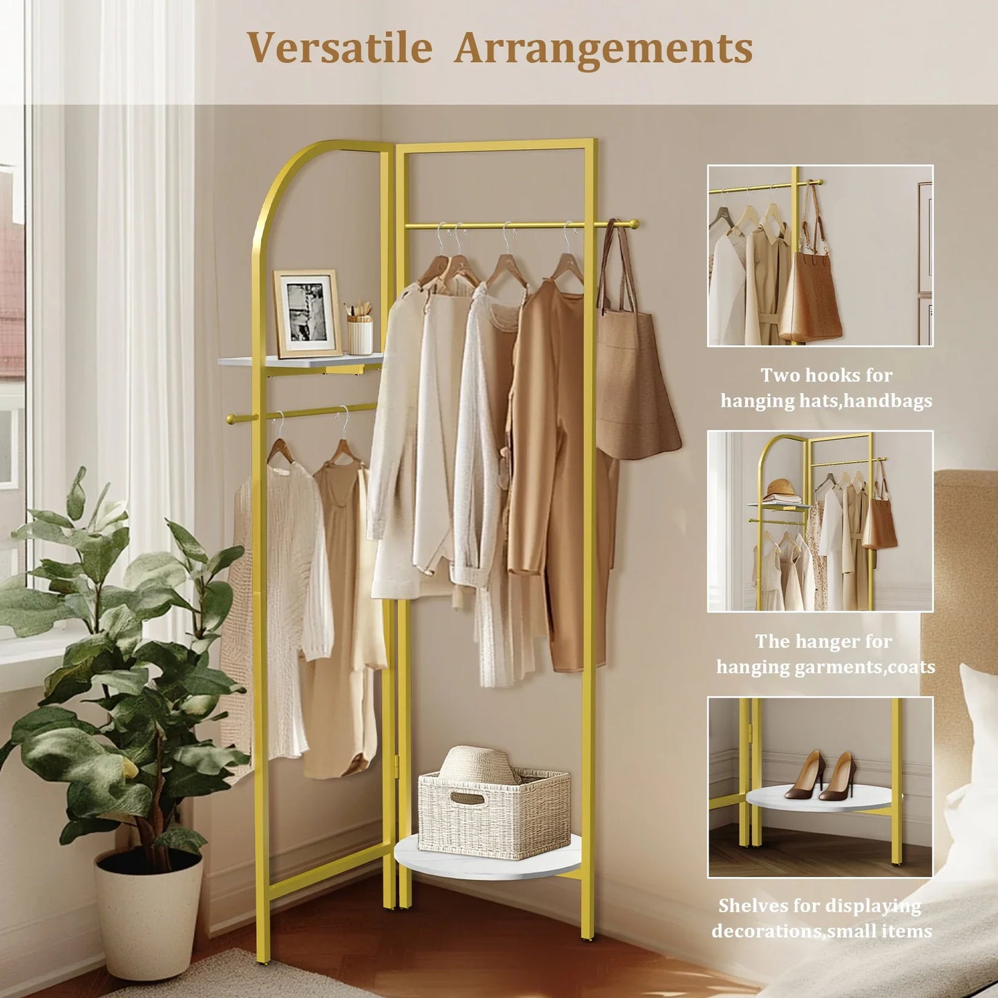 Adjustable Angle Gold Metal Coat Rack with Shelves and Hanging Rod Corner Clothes Stand for Home Clothes Organization