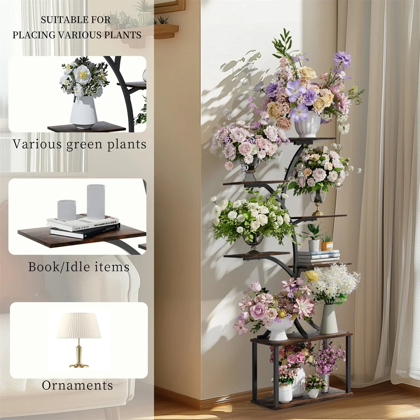 7 Tier Tree Shaped Plant Stand for Patio Living Room Metal Plant Flower Pot Display Holder Multiple Shelves
