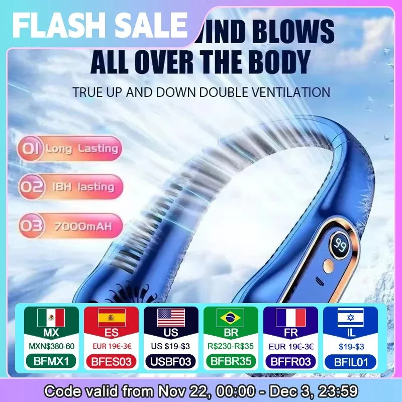 3000mAh Hanging Neck Fan Portable Bladeless Mini USB Rechargeable Mute LED Digital Display Electric Fan Summer Air Cooler ﻿