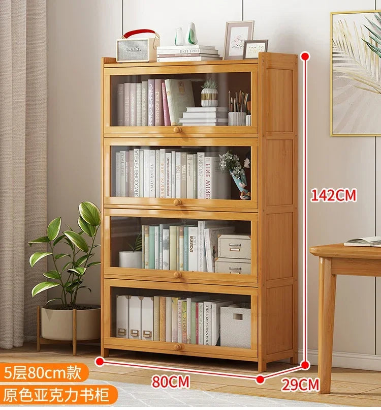 Japanese Home Furniture Bamboo Bookcases Organizer Multi-layer Storage Shelf Simple Retro Bookshelf With Door Modern Office Desk