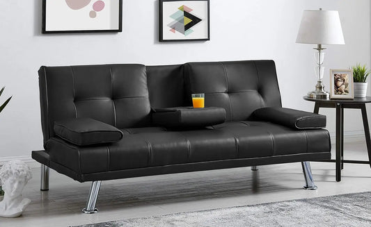 Manhattan 2 Seater Sofa Bed - Black. Faux Leather Fabric Sofa Bed With Cup Holder, Folding Sofa Bed To Double Bed. Click