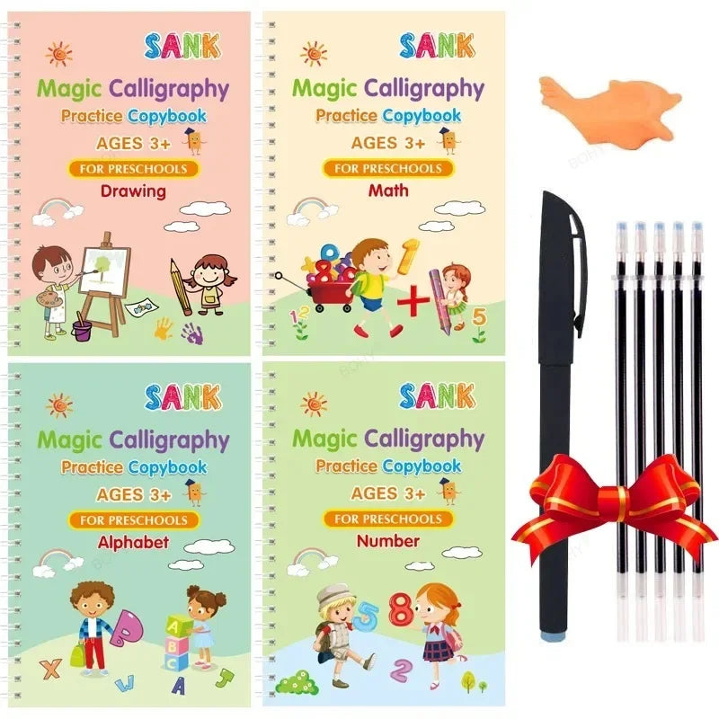 4 Books SANK Copybooks Pen Magic Copy Book Free Wiping Kids Writing Sticker Practice Copybook for Calligraphy