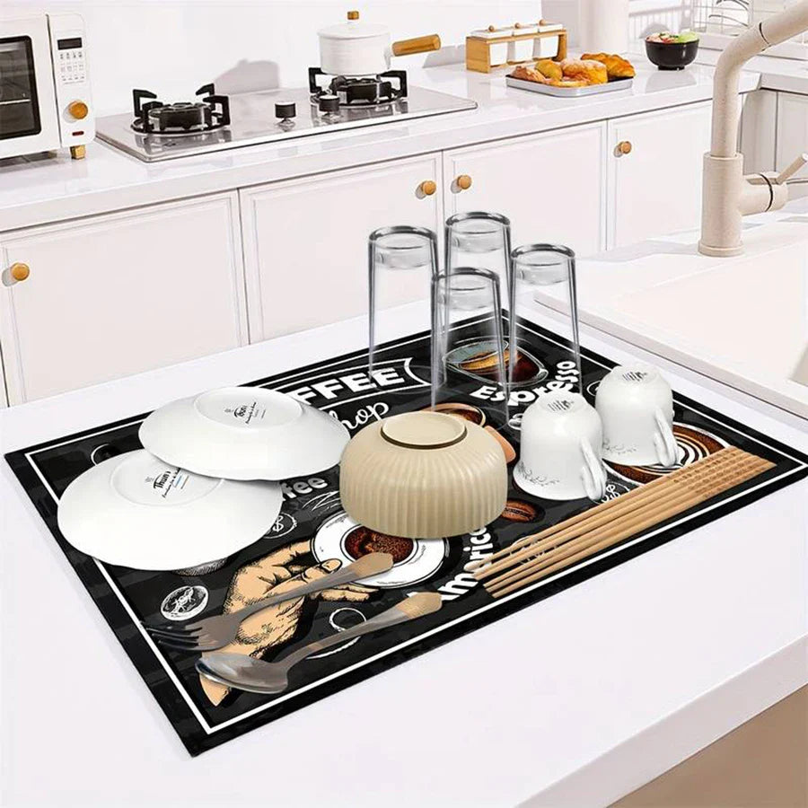1pc creative pattern printed coffee machine mat kitchen counter quick water absorption utensil drying mat desktop drainage mat