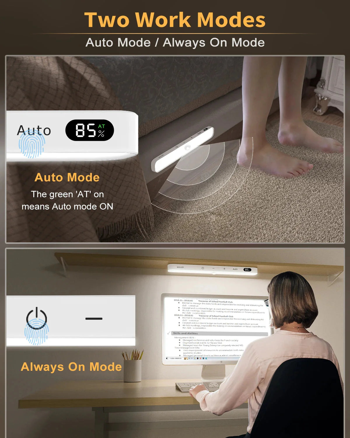Motion Sensor Cabinet Light Battery Display 60 LED Touch Light Bar Wireless Rechargeable