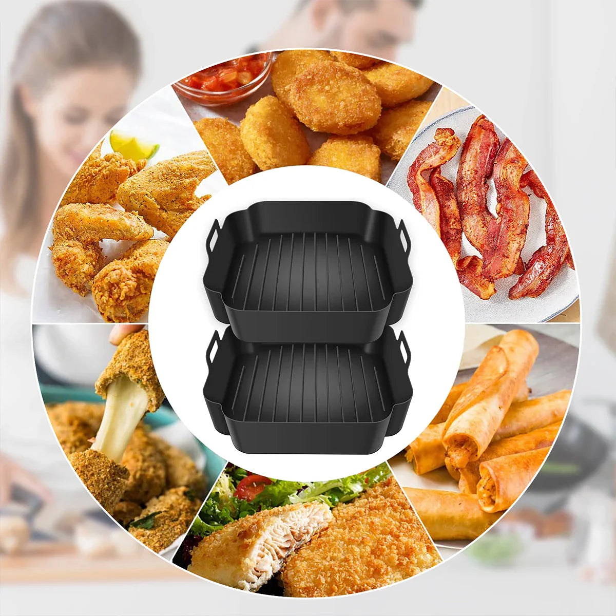 2Pcs Air Fryer Silicone Pot with Handle Reusable Air Fryer Liner Heat Resistant Air Fryer Silicone Basket Square Baking Tray Air