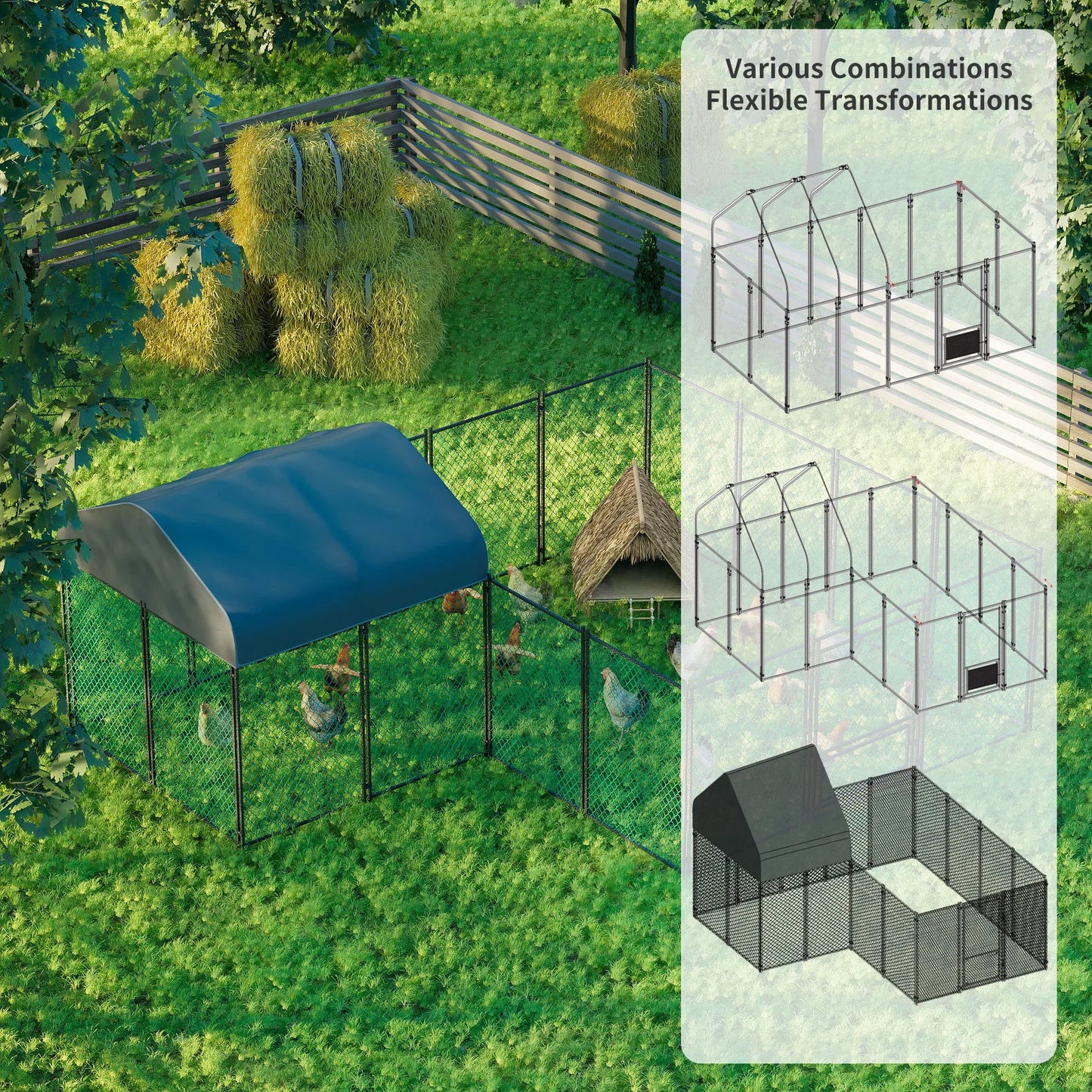 Extra Large Chicken Coop for Outdoor, Farm Metal Poultry Run, Walk-in Cage, House Kennels with Waterproof Cover