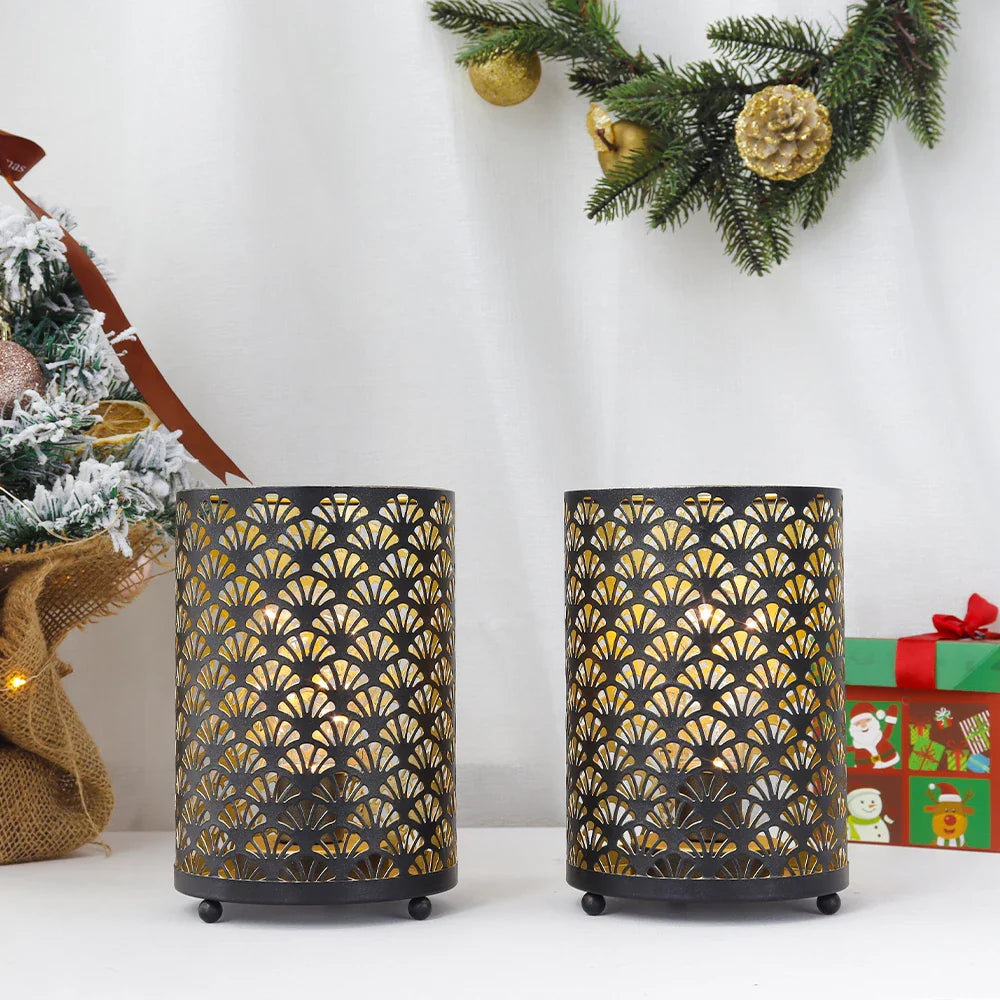 2Pcs Black Metal Table Lamp LED Lantern Battery Powered Lights Cordless