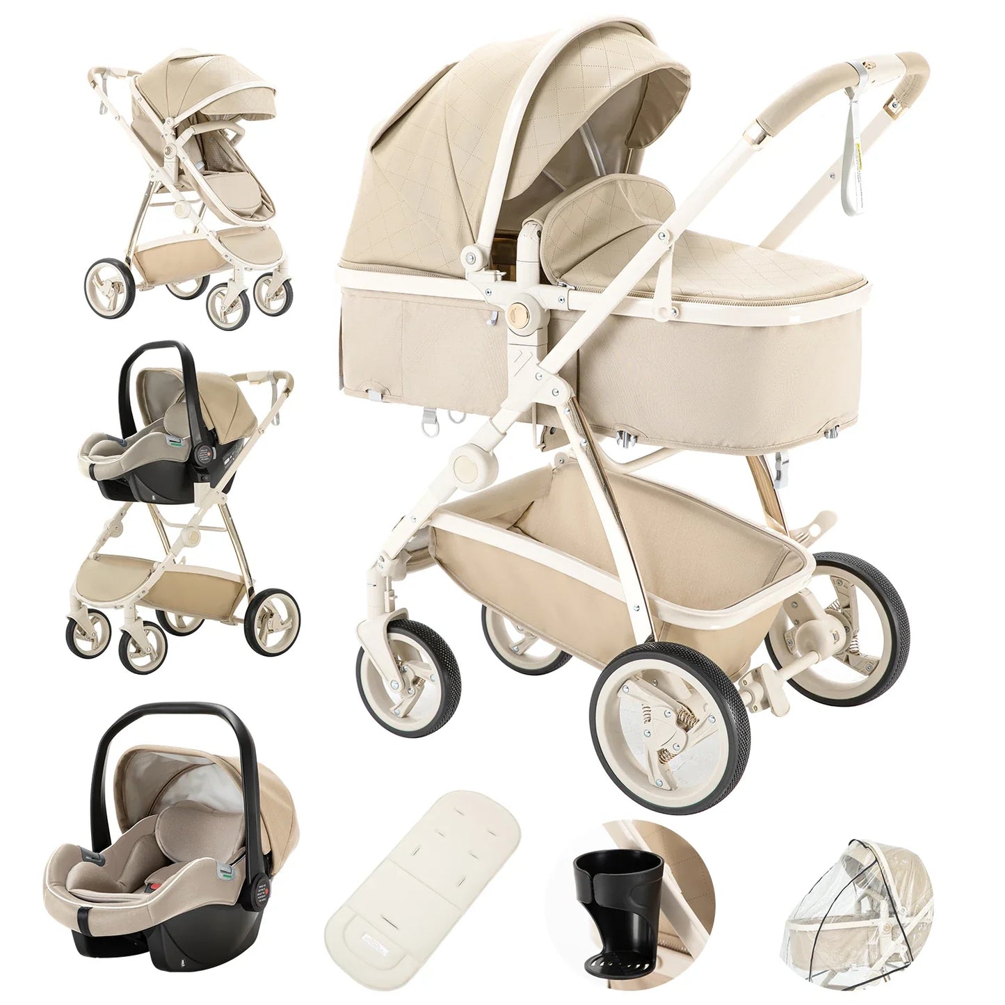Baby stroller 3 in 1 Baby carriage Portable luxurious travel pram High landscape newborn baby stroller with baby carrier PU